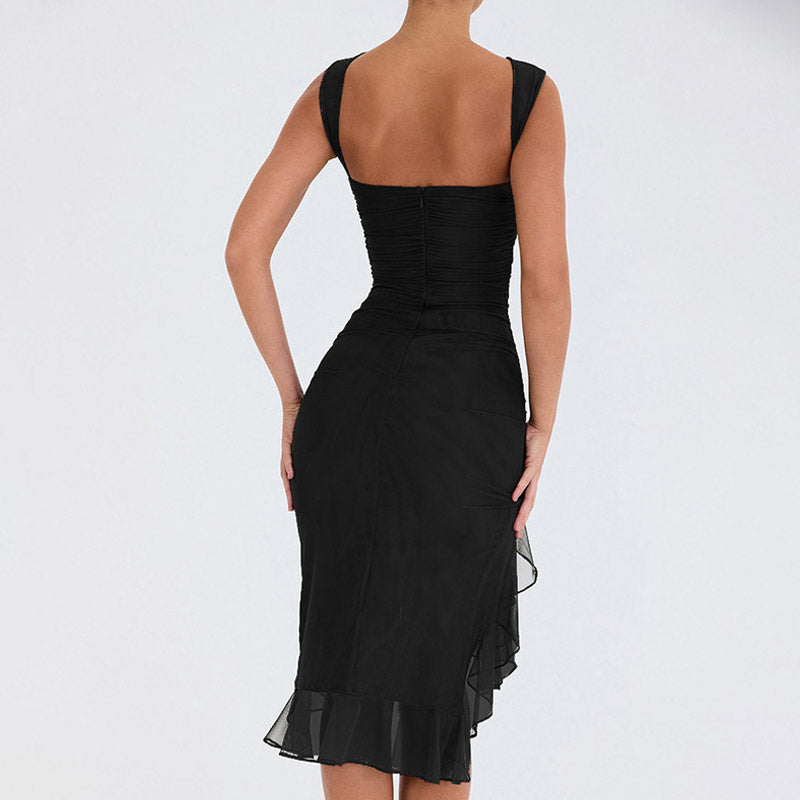 Crew Neck Sleeveless Mesh All Over Ruched Asymmetric Ruffle Slit Midi Dress 3