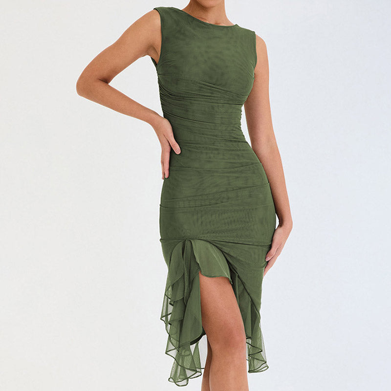 Crew Neck Mesh Ruched Side Slit Ruffle Hem Bodycon Midi Dress