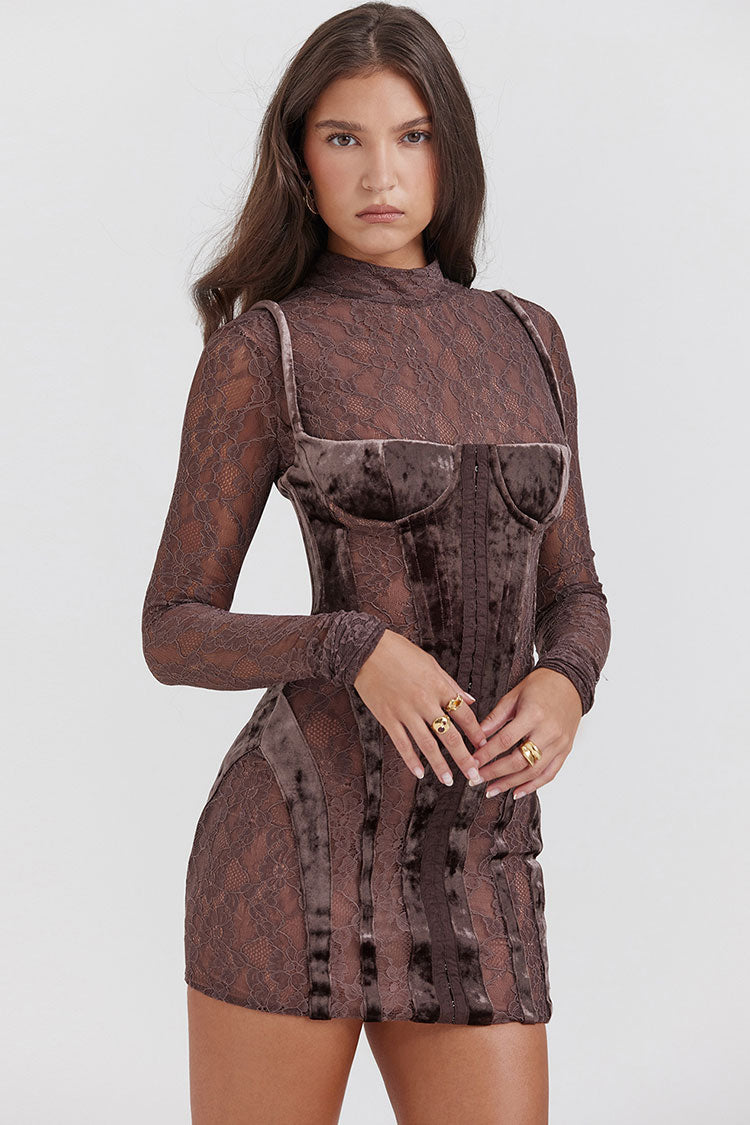 Mock Neck Lace Long Sleeve Velvet Corset Hook-Front Mini Dress 2