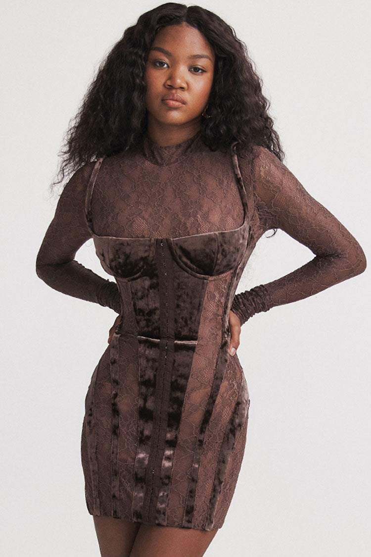 Mock Neck Lace Long Sleeve Velvet Corset Hook-Front Mini Dress 5