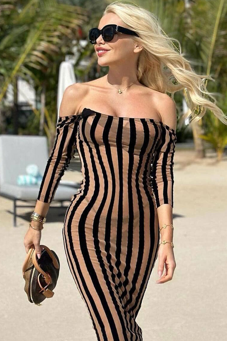 Off Shoulder Striped Mesh Panel Long Sleeve Bodycon Midi Dress 3