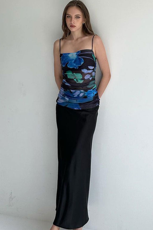 Abstract Floral Ruched Spaghetti Strap Mesh Top and Satin Midi Skirt Set
