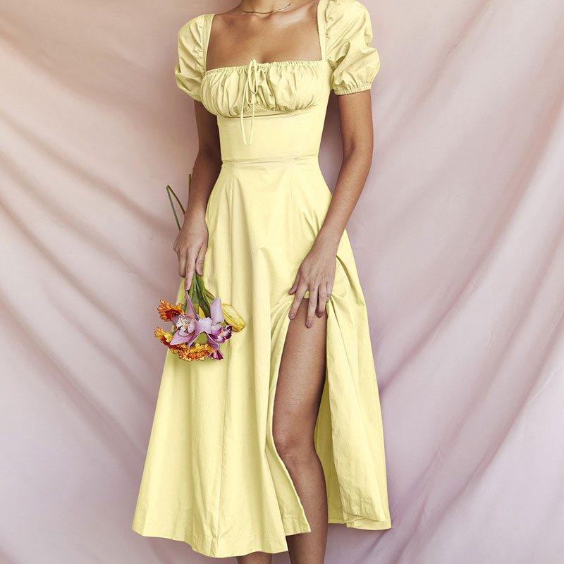 Square Neck Puff Sleeve Tie Front High Slit Midi Dress 2