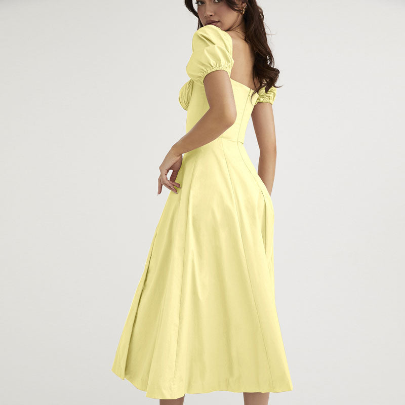 Square Neck Puff Sleeve Tie Front High Slit Midi Dress 3