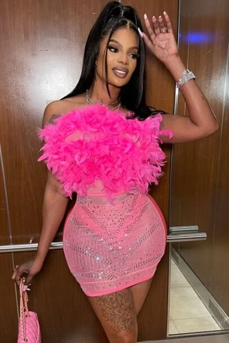 Feather Bust Strapless Rhinestone Mesh Panel Bodycon Mini Dress 2