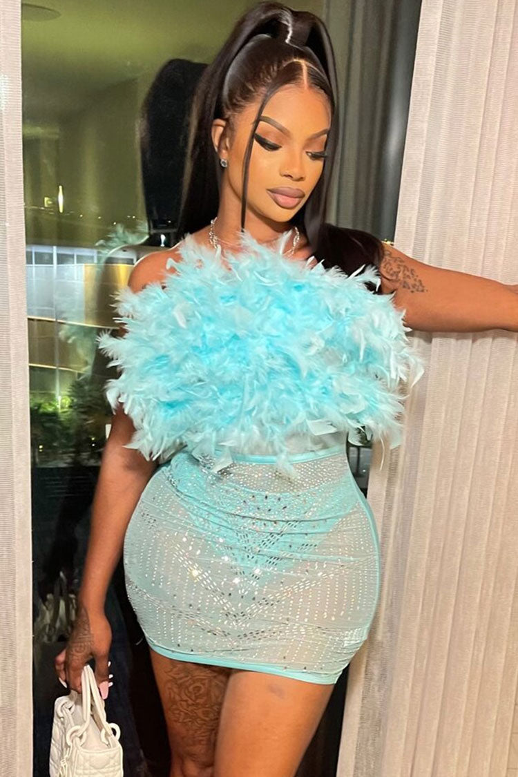 Feather Trim Tube Top Rhinestone Mesh Bodycon Mini Skirt Set 2