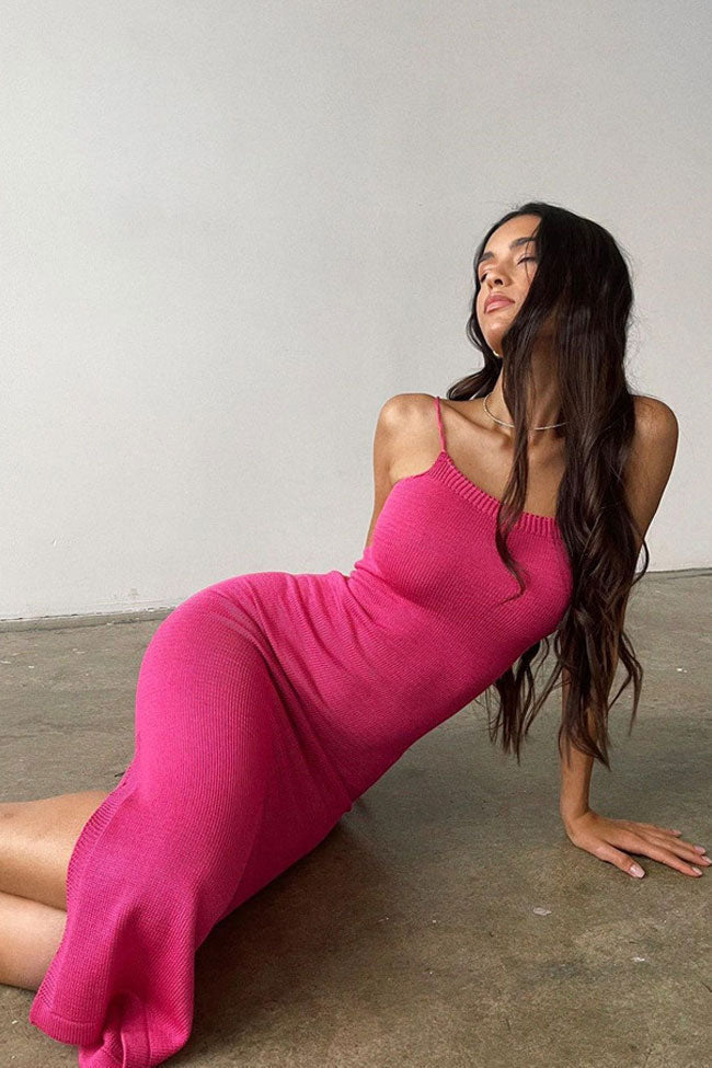 Rib Knit Square Neck Spaghetti Strap Bodycon Maxi Dress 2
