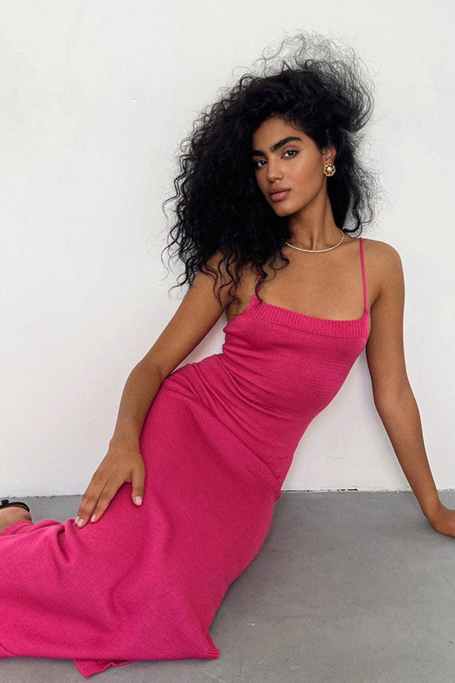 Rib Knit Square Neck Spaghetti Strap Bodycon Maxi Dress 3