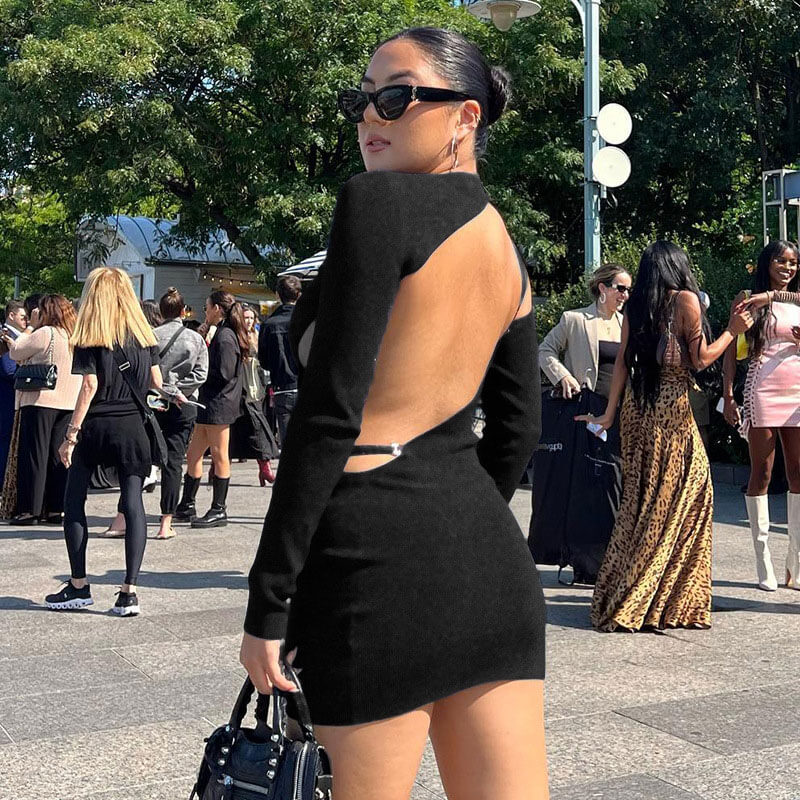 Long Sleeve Asymmetric Cutout Buckle Strap Backless Bodycon Mini Dress