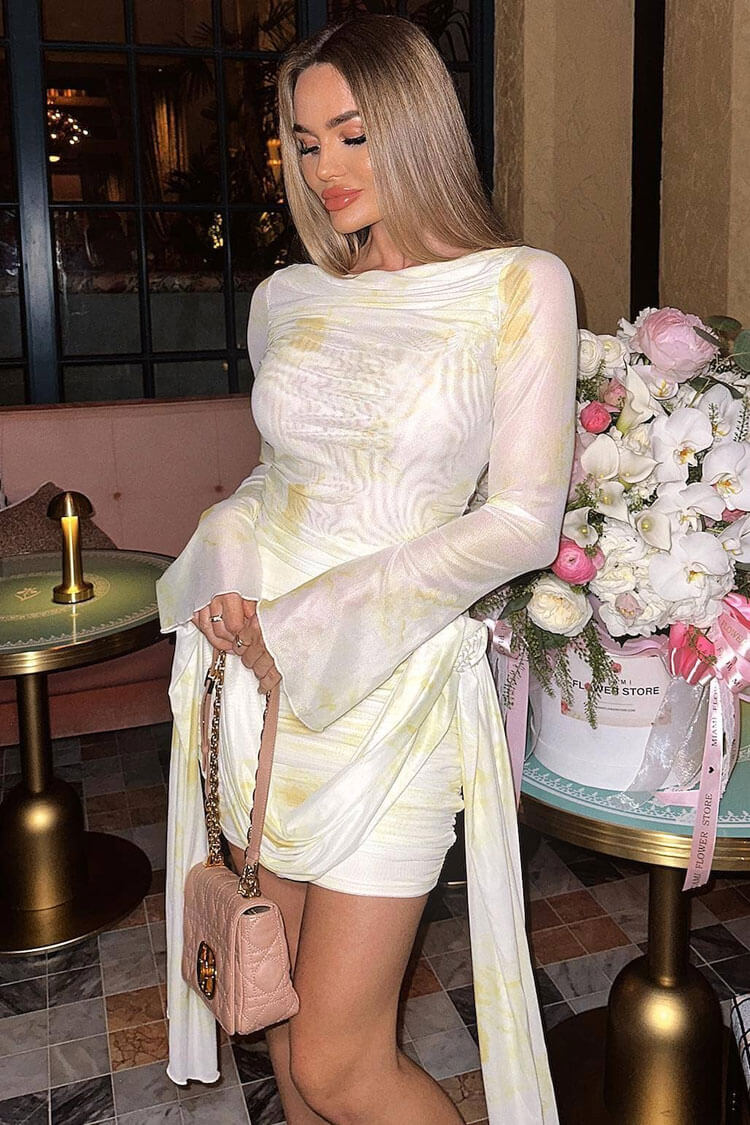 Marble Print Boat Neck Bell Sleeve Side Sash Ruched Mesh Bodycon Mini Dress