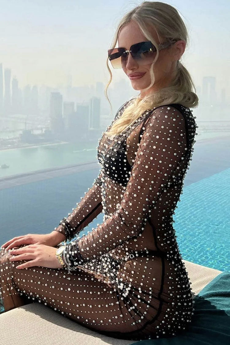 Crew Neck Long Sleeve Faux Pearl Embellished Sheer Mesh Maxi Dress 3