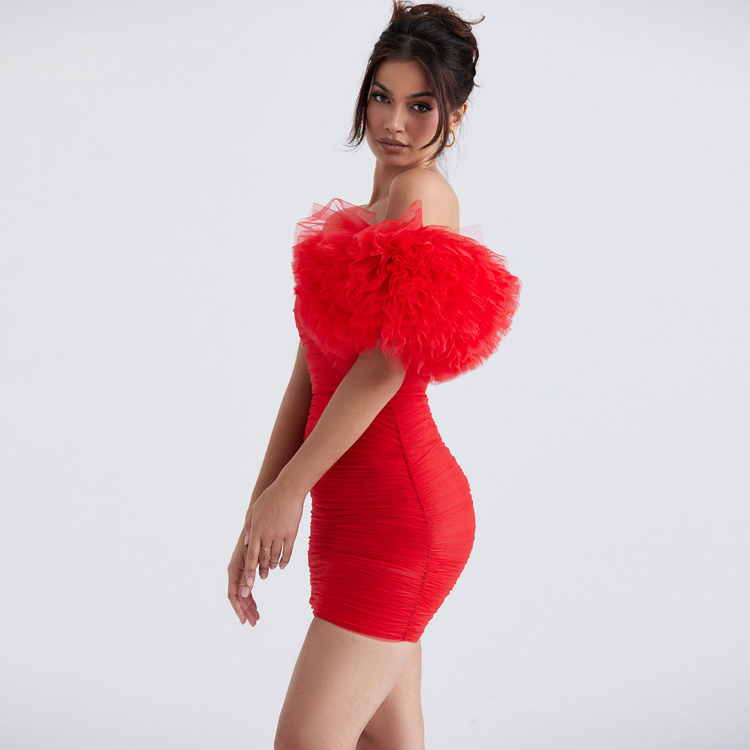 Strapless Ruched Mesh Puff Sleeve Overlay Bodycon Mini Dress 2