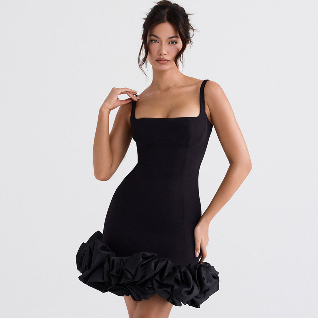 Ruffle Hem Square Neck Sleeveless Bodycon Mini Dress