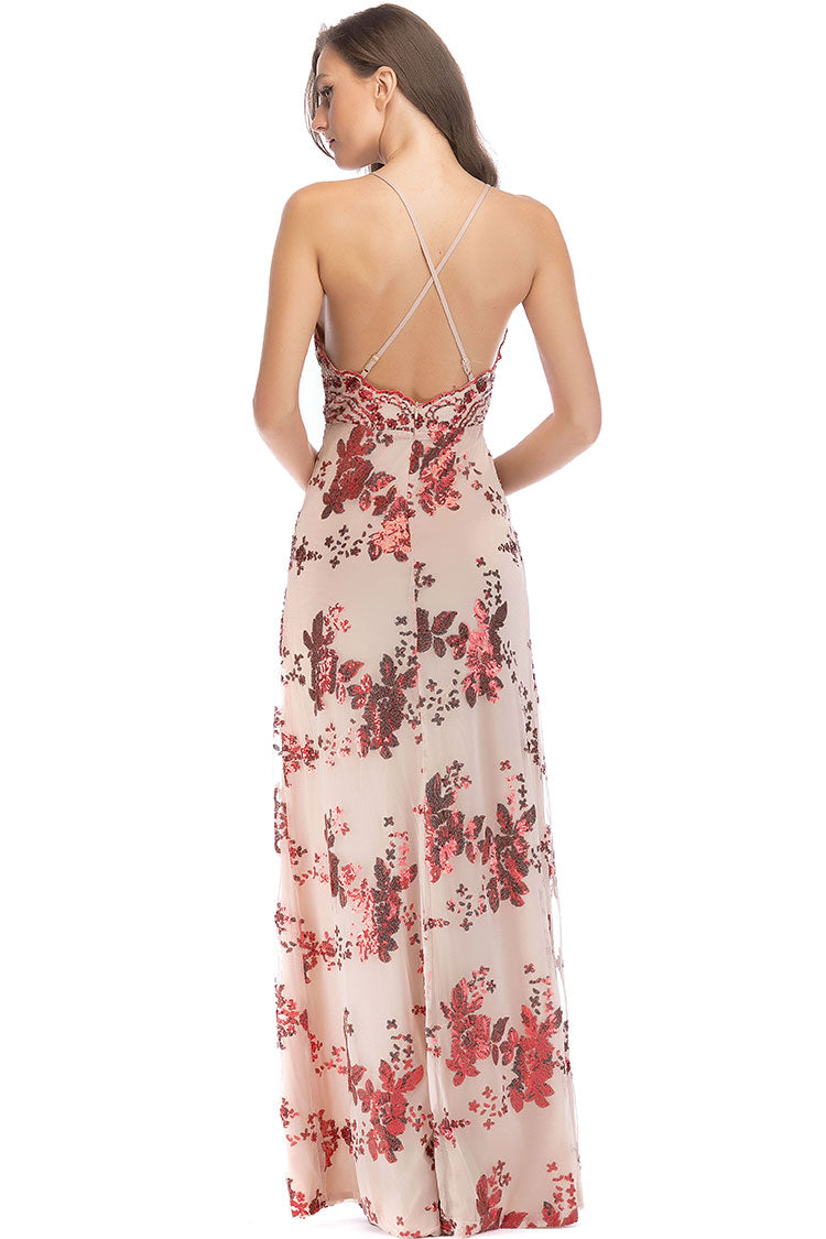 Sequin Lace Deep V-Neck Spaghetti Strap Double High Split Maxi Gown 4