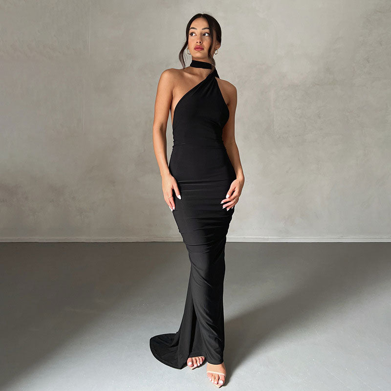 One Shoulder Ruched Backless Evening Maxi Dress