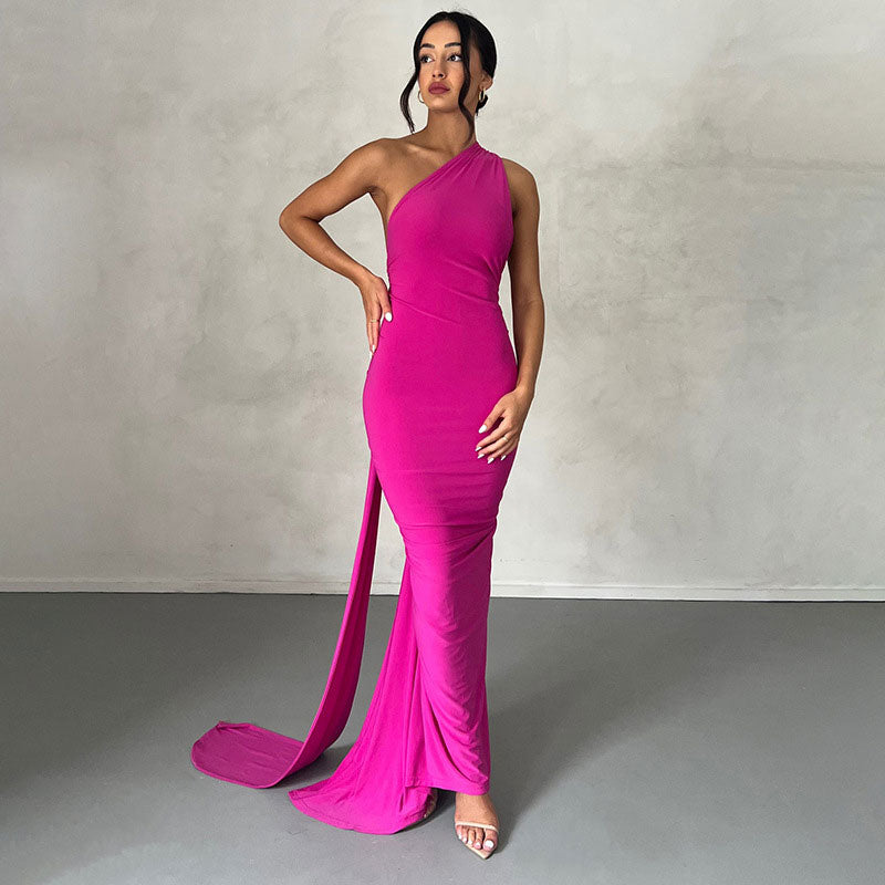 One Shoulder Ruched Backless Evening Maxi Dress 2