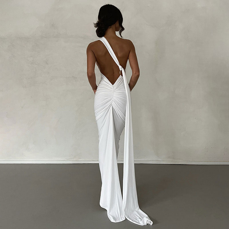 One Shoulder Ruched Backless Evening Maxi Dress 2 3