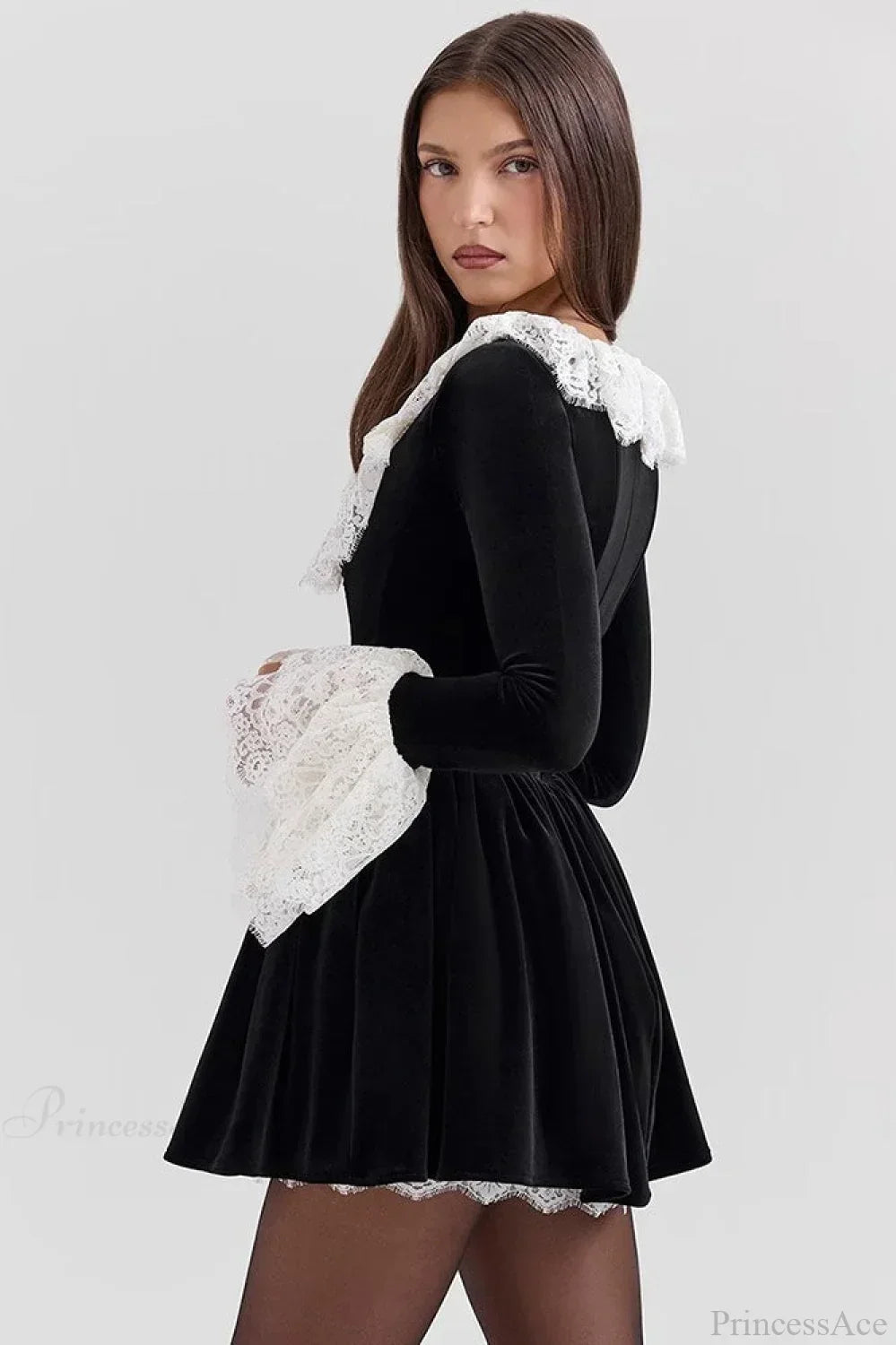 Velvet Square Neck Lace Trim Bell Sleeve Ruffle Skirt Mini Dress 4
