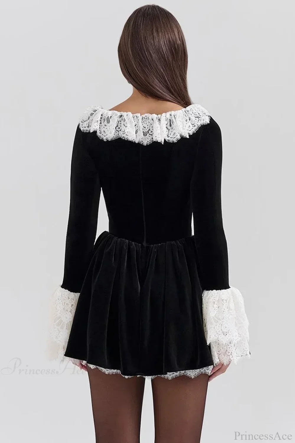 Velvet Square Neck Lace Trim Bell Sleeve Ruffle Skirt Mini Dress 5