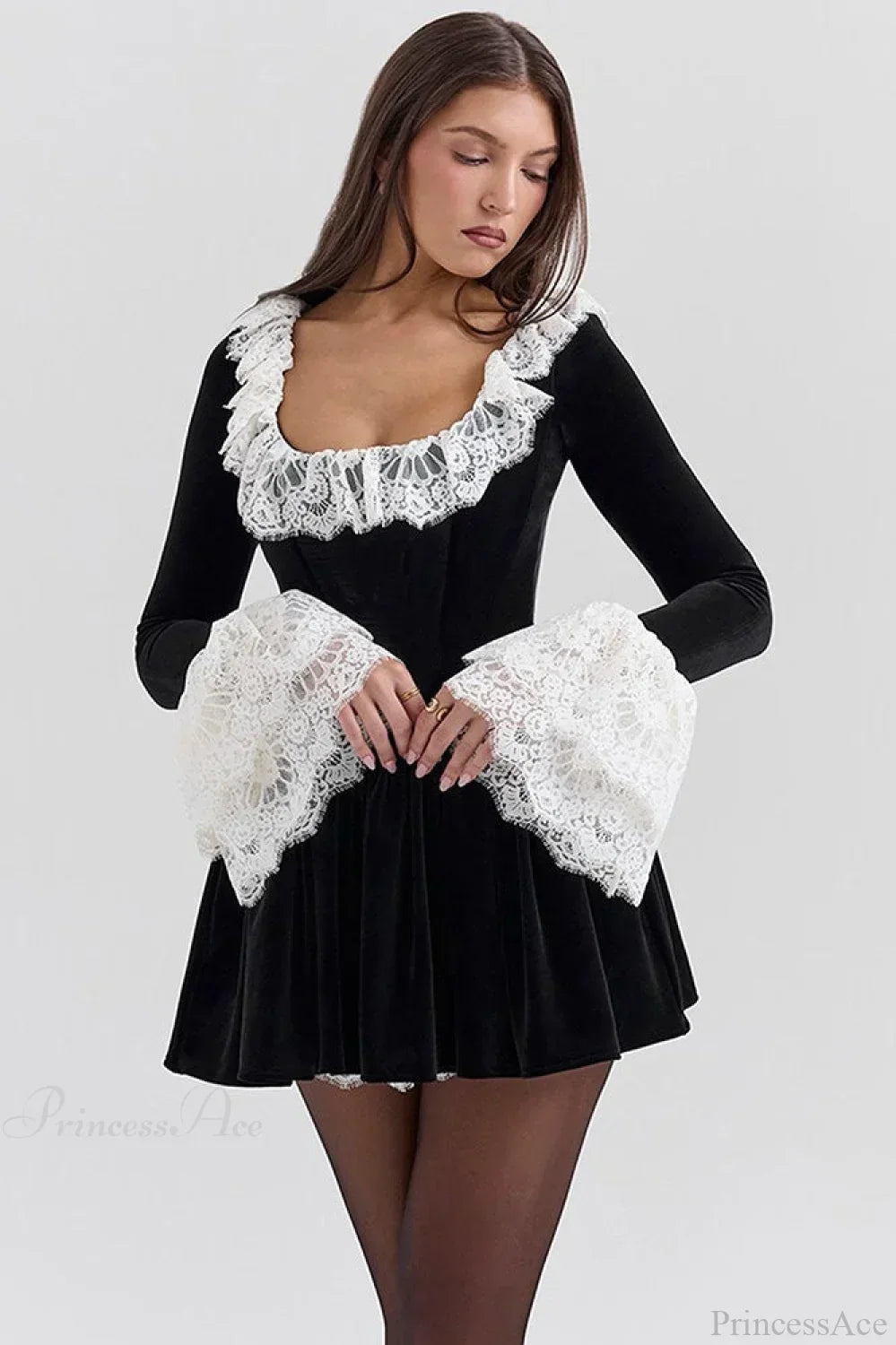 Velvet Square Neck Lace Trim Bell Sleeve Ruffle Skirt Mini Dress 2