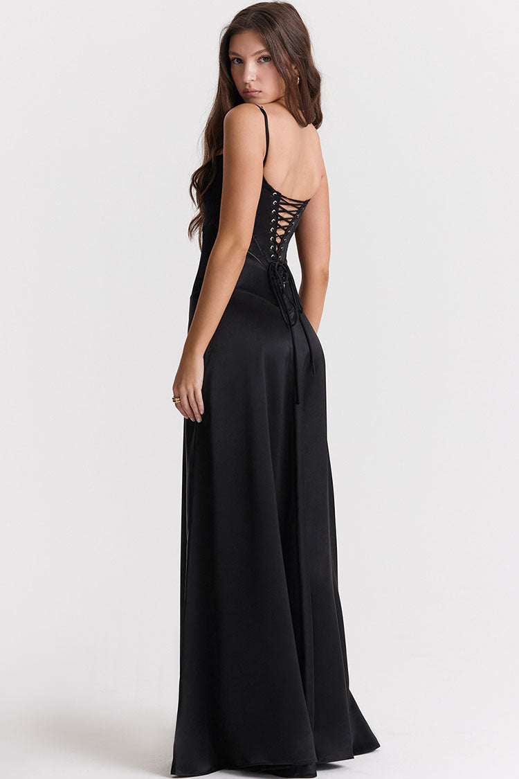 Square Neck Panel Seam Spaghetti Strap Satin A-Line Maxi Gown 4
