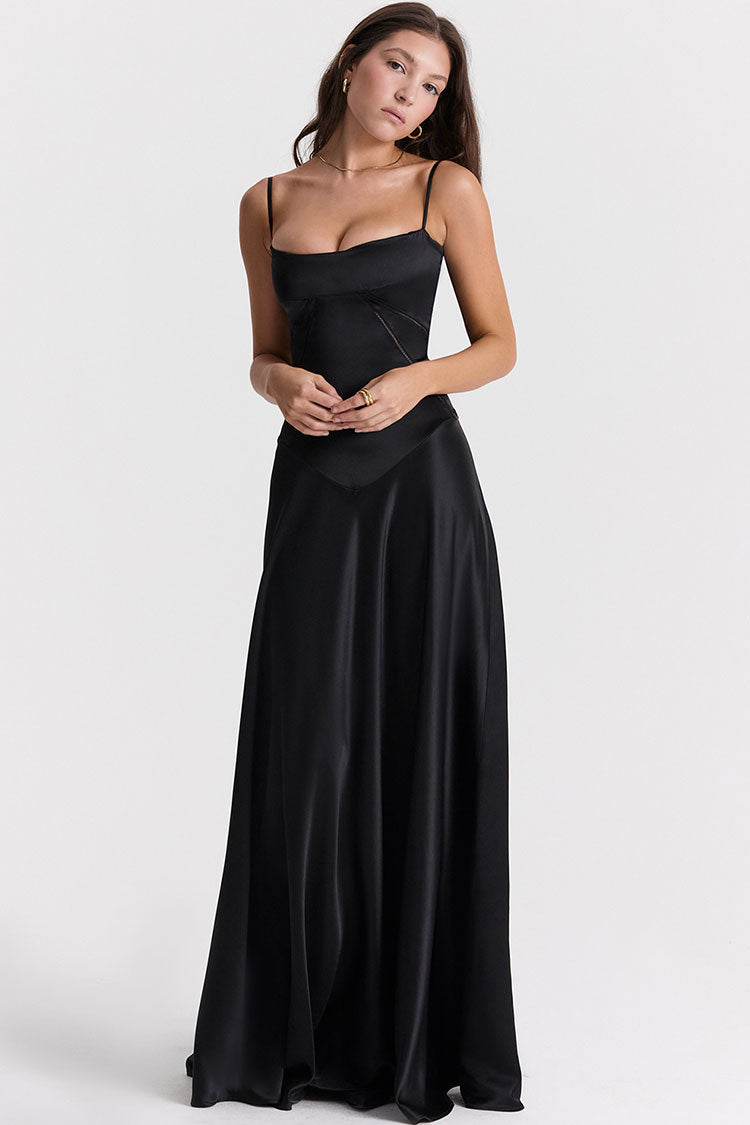 Square Neck Panel Seam Spaghetti Strap Satin A-Line Maxi Gown 2