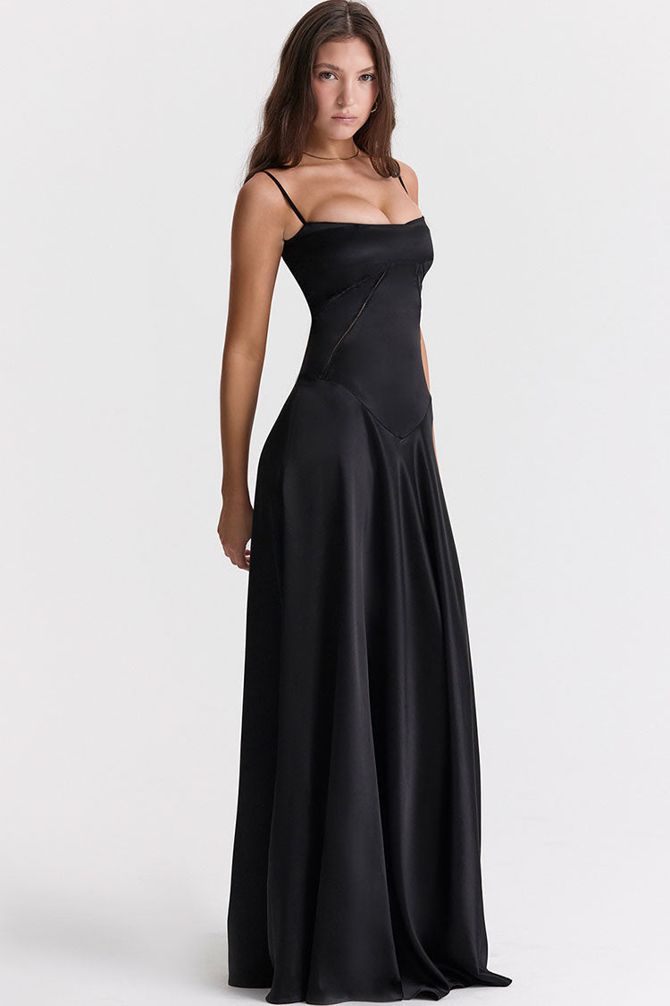 Square Neck Panel Seam Spaghetti Strap Satin A-Line Maxi Gown 3
