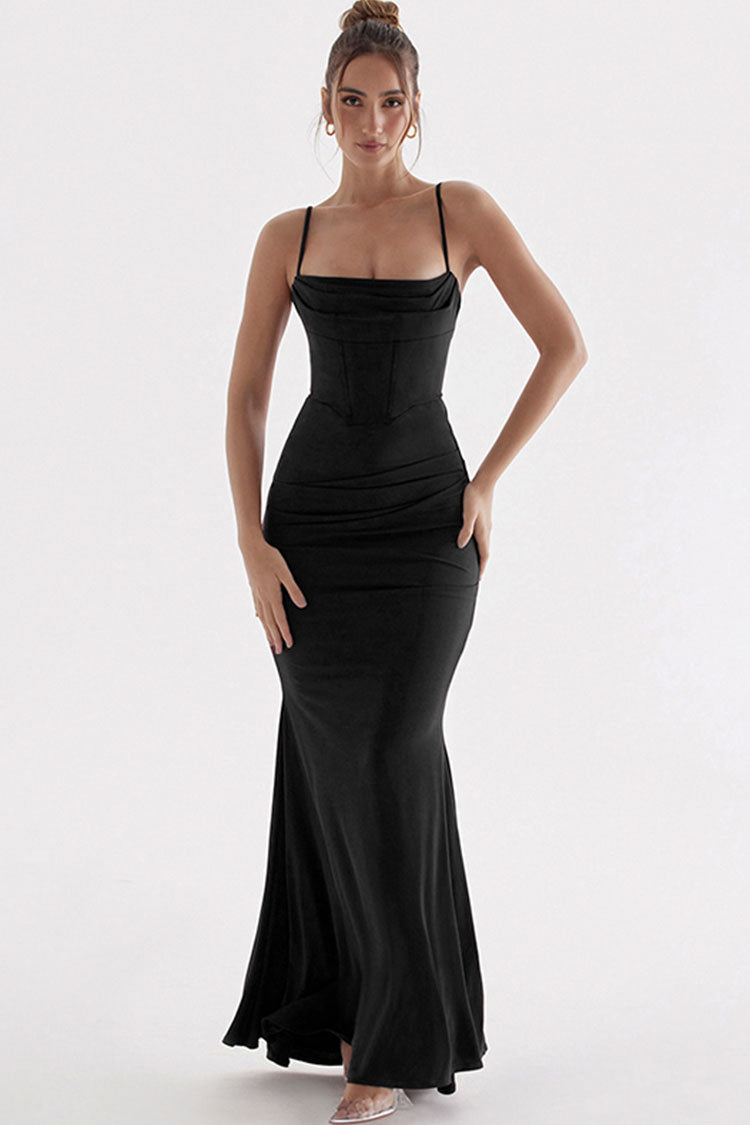 Spaghetti Strap Draped Bust Corset Bodice Mermaid Maxi Gown