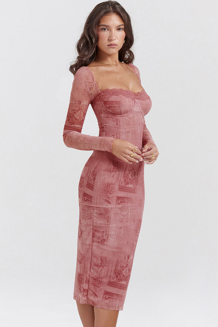 Newspaper Print Sweetheart Lace-Trim Mesh Long Sleeve Bodycon Midi Dress 2