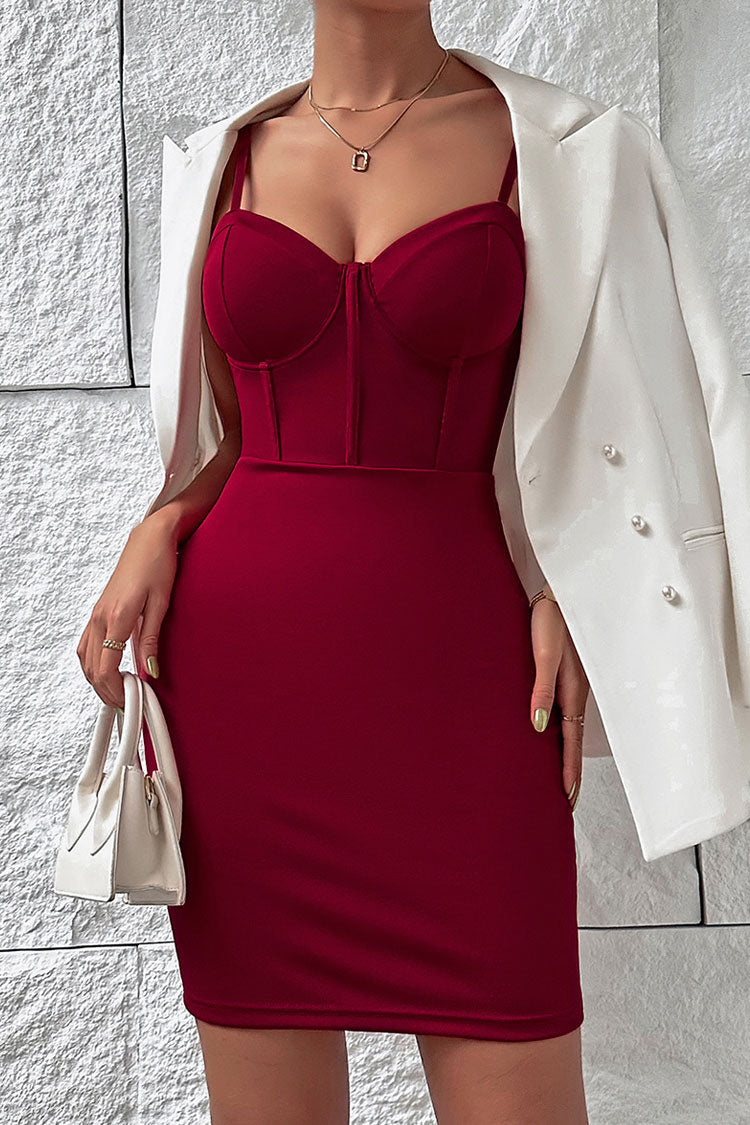 Sweetheart Mesh Corset Waist Paneled Spaghetti Strap Bodycon Mini Dress