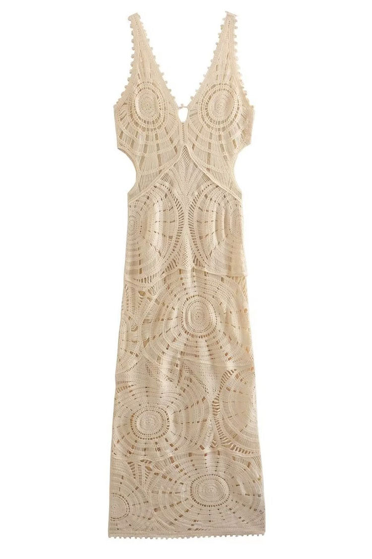 Crochet Circle Motif Deep V-Neck Sleeveless Open Knit Maxi Dress 7