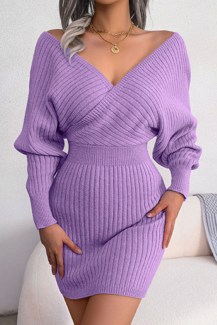 Wrap Front V-Neck Bishop Sleeve Rib Knit Bodycon Mini Sweater Dress