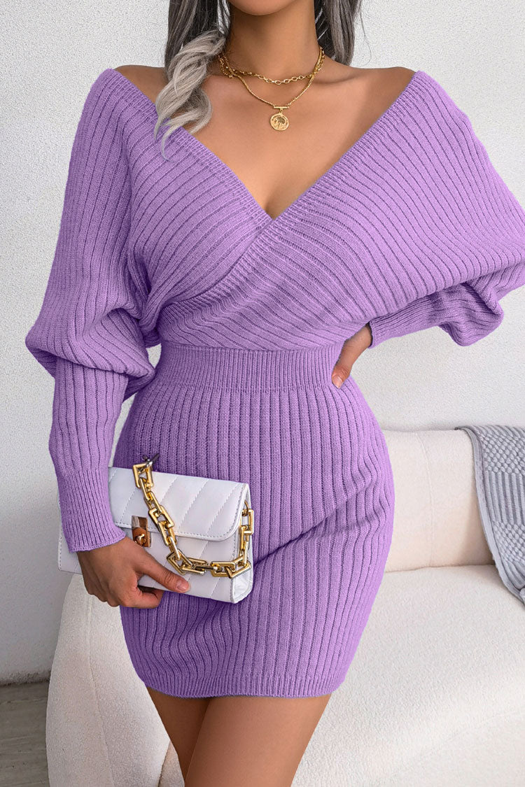 Wrap Front V-Neck Bishop Sleeve Rib Knit Bodycon Mini Sweater Dress 3