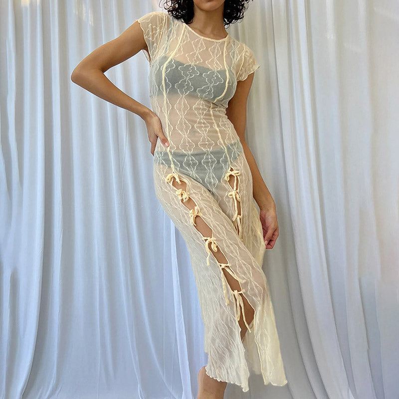 Sheer Lace Pattern Crew Neck Cap Sleeve Bow Vacation Midi Dress