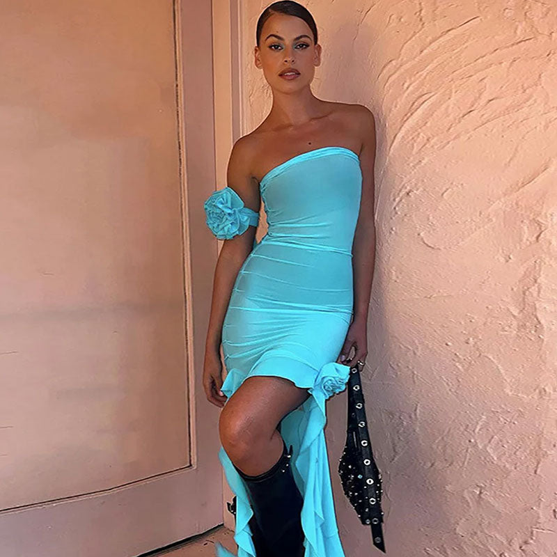 Blue Choker Neck Sheer Mesh Floral Applique Ruffle Trim Bodycon Mini Dress