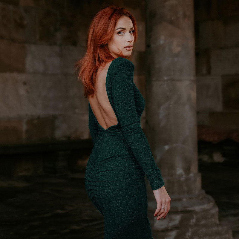 Emerald Green Shoulder Pad Long Sleeve Open Back Bodycon Midi Dress 2