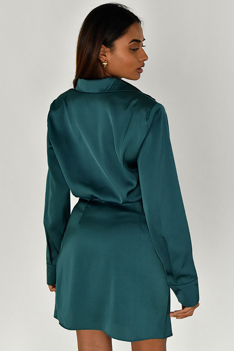 Collared Deep V Ruched Wrap Satin Long Cuff Sleeve Mini Dress 2