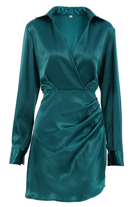 Collared Deep V Ruched Wrap Satin Long Cuff Sleeve Mini Dress 3