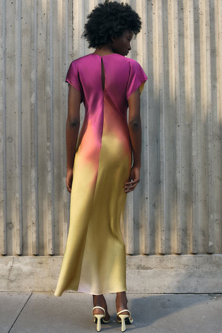 Round Neck Cap Sleeve Ombre Gradient Bias Cut Slit Midi Dress 2