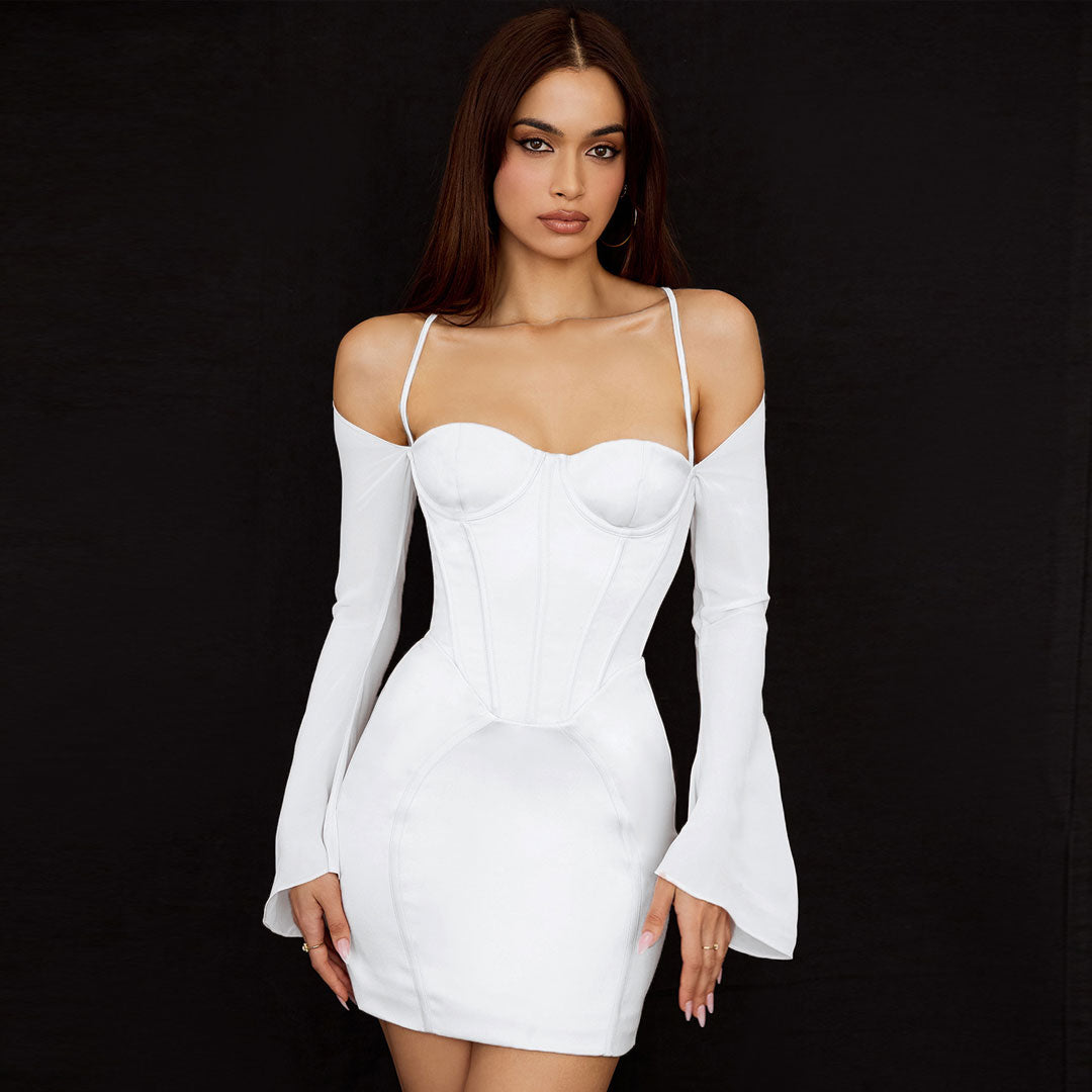 Silky Satin Long Sleeve Off Shoulder Corset Mini Dress