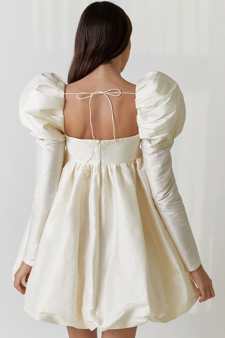 Square Neck Puff Sleeve Empire Waist Bubble Hem Babydoll Mini Dress 2