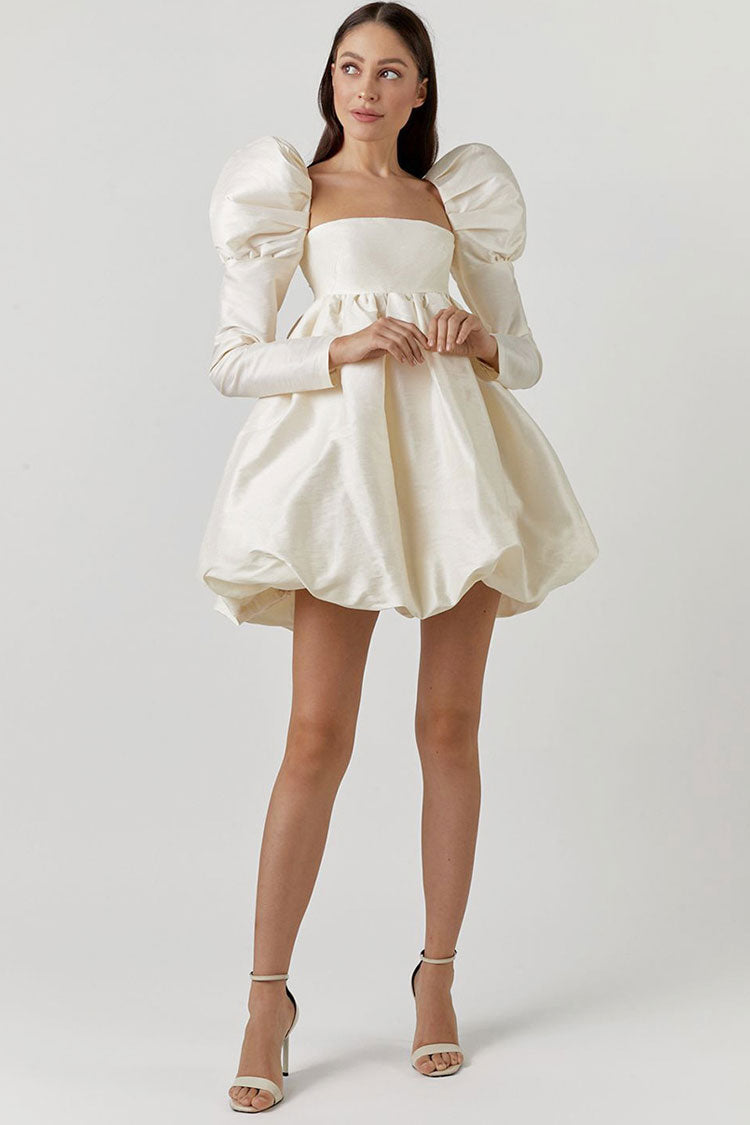 Square Neck Puff Sleeve Empire Waist Bubble Hem Babydoll Mini Dress 3