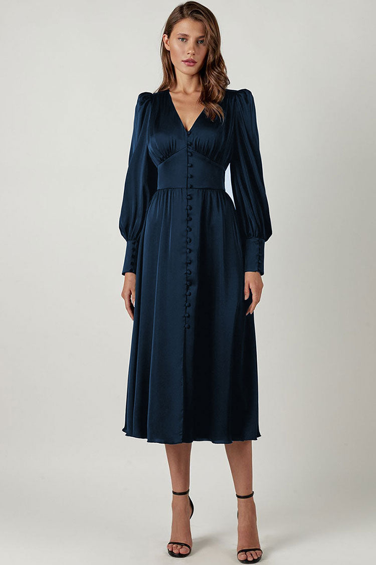 Satin V Neck Puff Bishop Sleeve Button Front Midi Dress