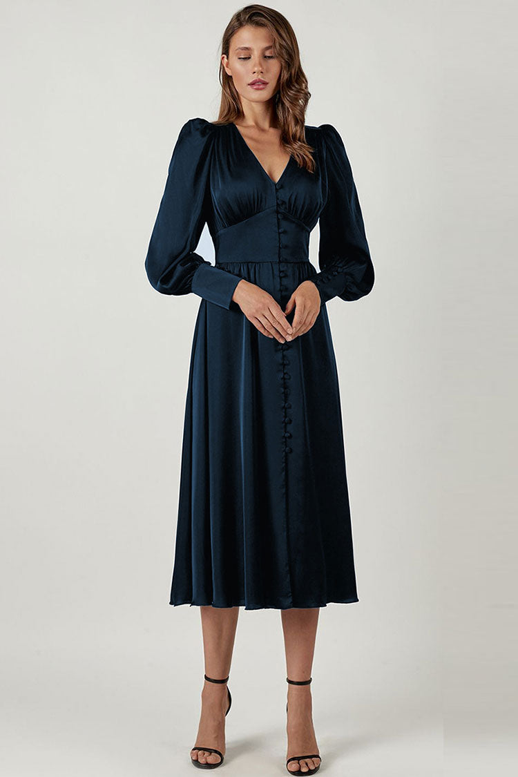 Satin V Neck Puff Bishop Sleeve Button Front Midi Dress 2