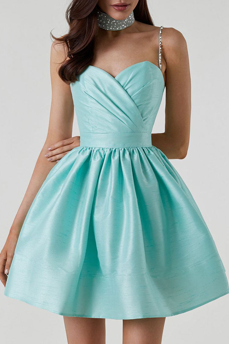 Sweetheart Pleated Bodice Rhinestone Spaghetti Strap Skater Mini Dress