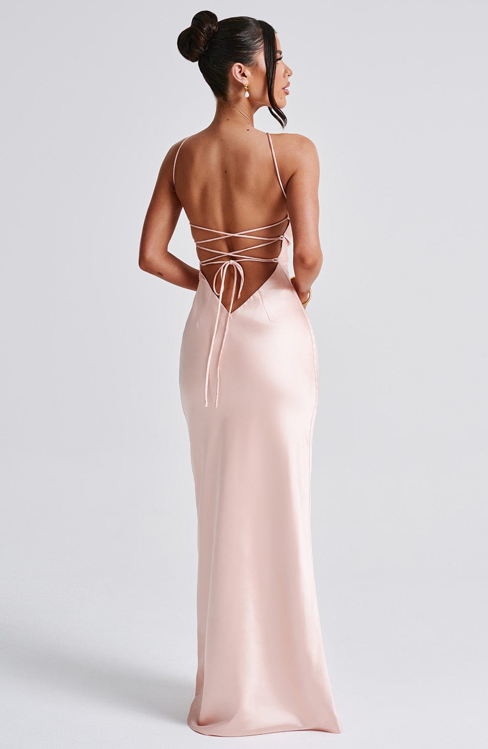 Spaghetti Strap Lace Up Open Back Satin Column Maxi Gown 3