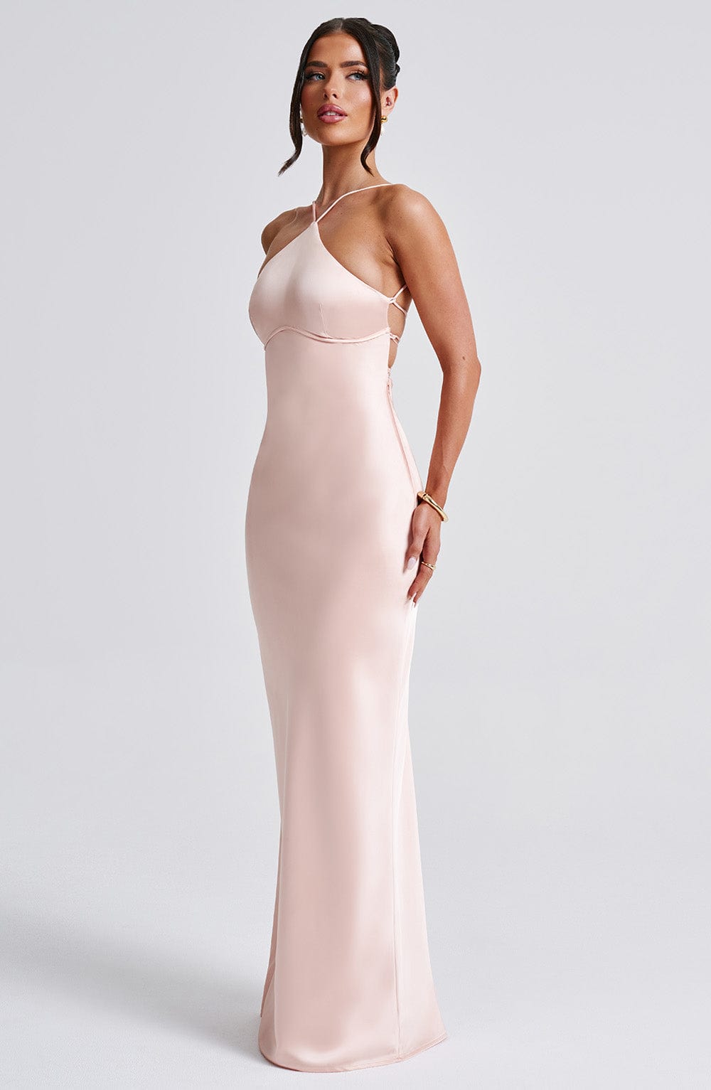 Spaghetti Strap Lace Up Open Back Satin Column Maxi Gown 2