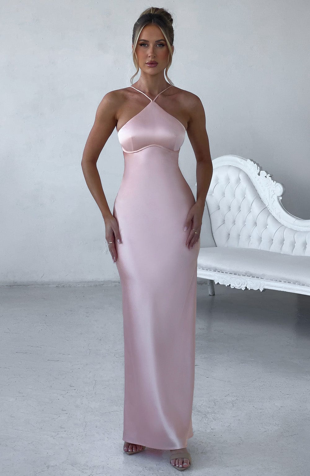 Spaghetti Strap Lace Up Open Back Satin Column Maxi Gown 6