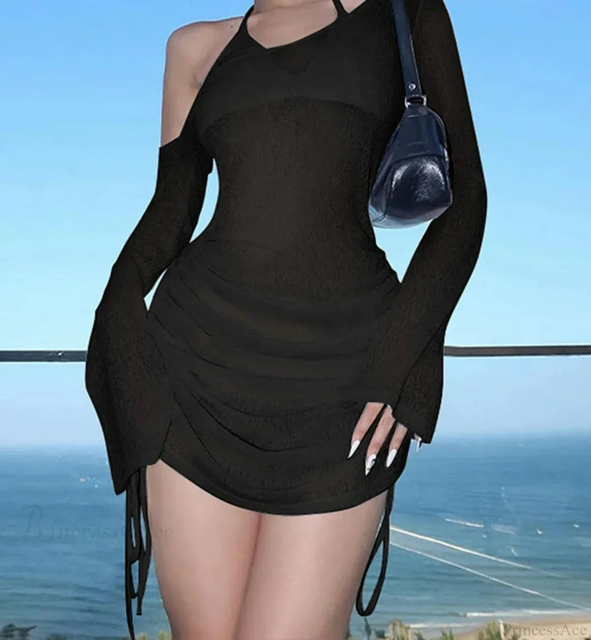 Asymmetric One-Shoulder Bell Sleeve Drawstring Ruched Mini Dress 3