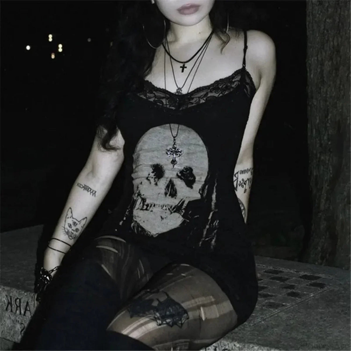 Lace Trim Skull Graphic Spaghetti Strap Mini Dress